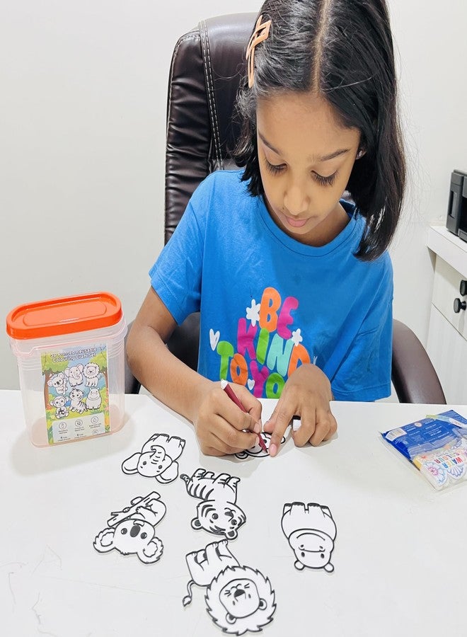 Fun Fry Reusable Coloring Kit for Kids - 12 Sketch Pens | Wipe & Reuse Colouring Sheets | Educational Activity Kit for Age 3-8 | Travel Friendly Learning Toy | Birthday Return Gift for Kids (ANIMALS- lion, quala, elephant, monkey, hippo, tiger ) - Image 1